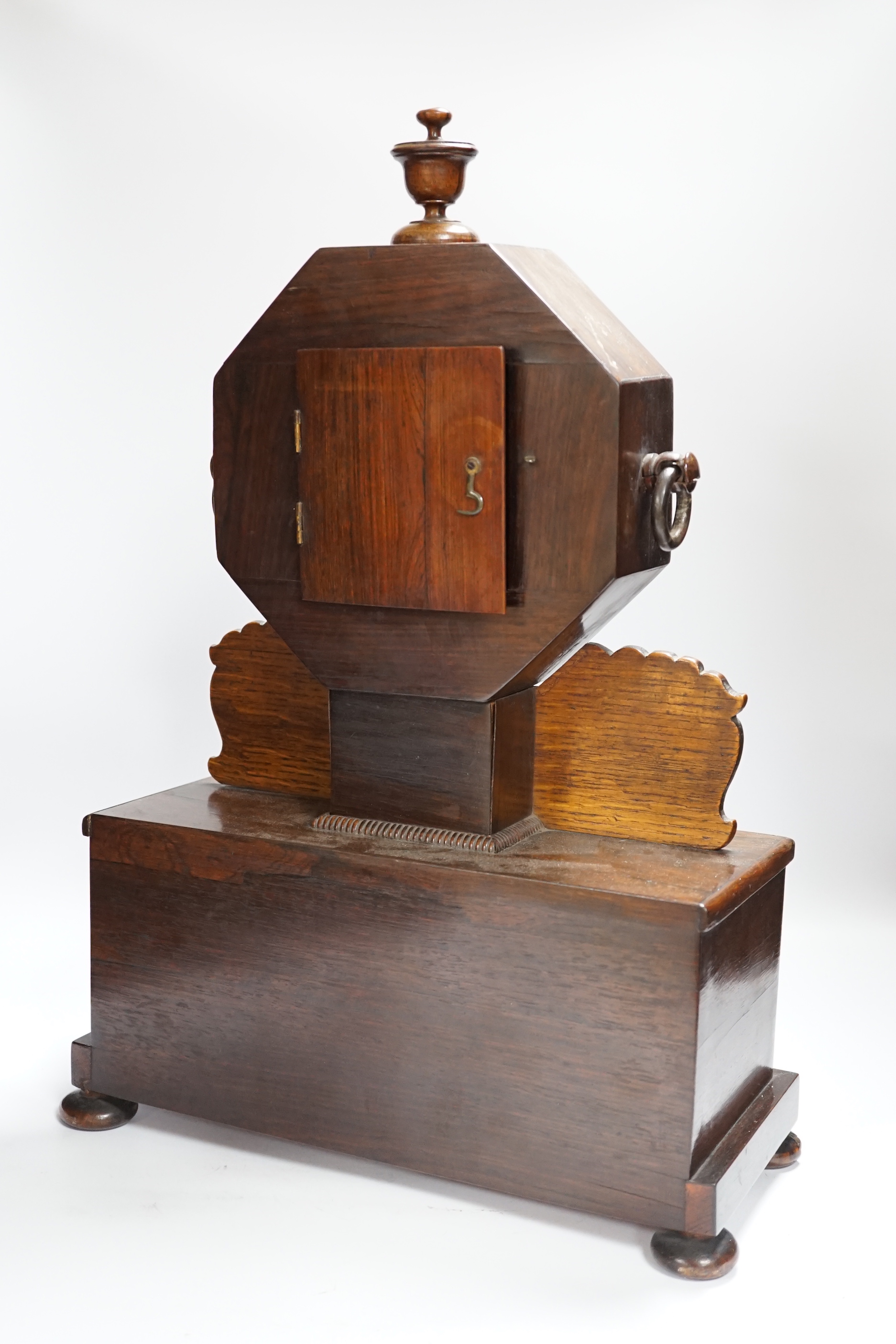 A 19th century rosewood and cut brass mantel clock, inlaid heraldic horse racing panel, 53cm high